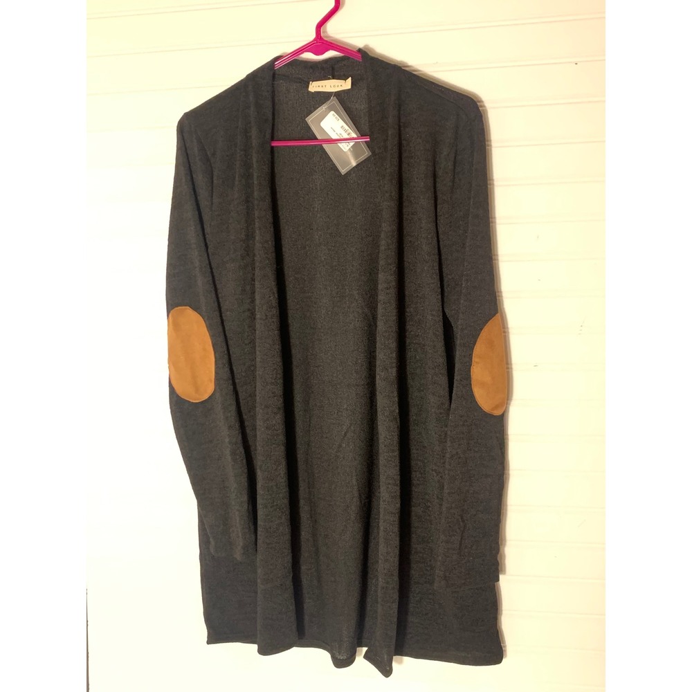 First Look Women Gray Cardigan Sweater Large Elbow Patches Knit Open Front